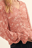 Rust Floral Button Down Peasant Top