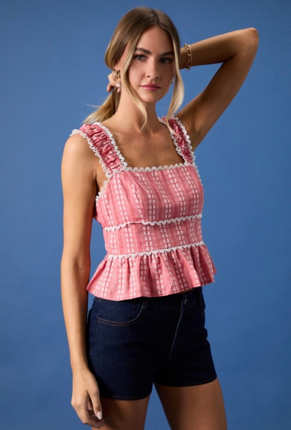 Red Tiered Lace Trim Tank Top