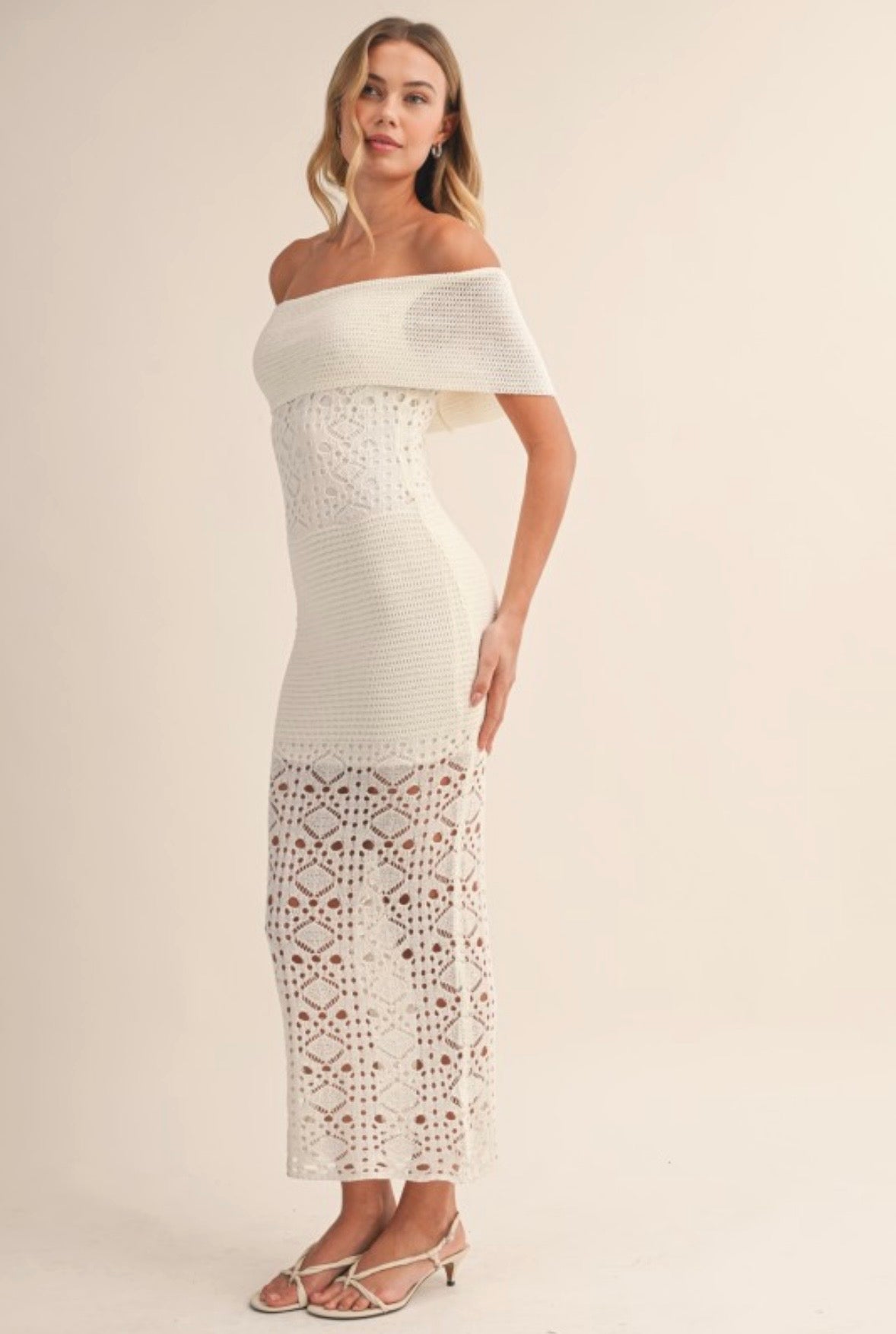 Cream Off The Shoulder Crochet Dress