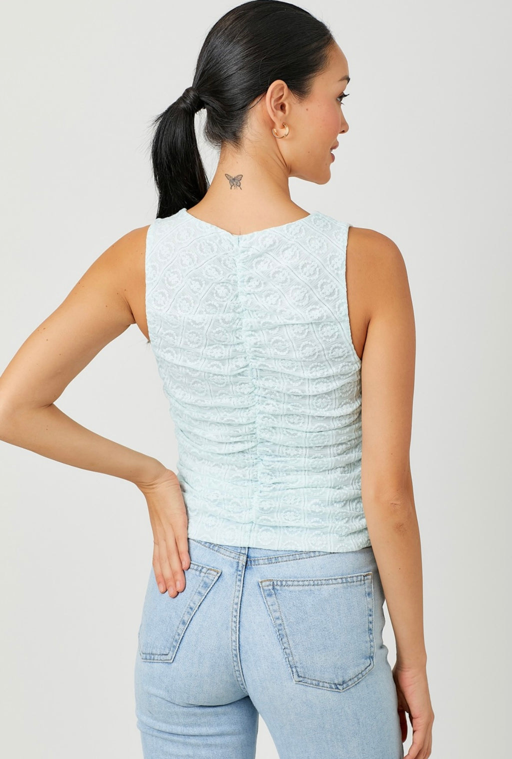 Blue Lace Ruched Tank
