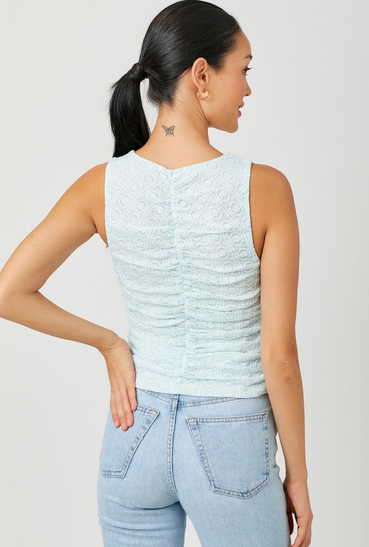 Blue Lace Ruched Tank