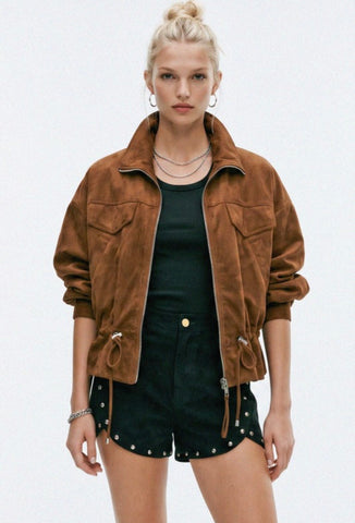 Camel Suede Bomber Jacket