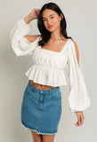 White Cold Shoulder Basket Weave Crop Top