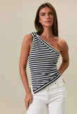 Navy Stripe One Shoulder Top