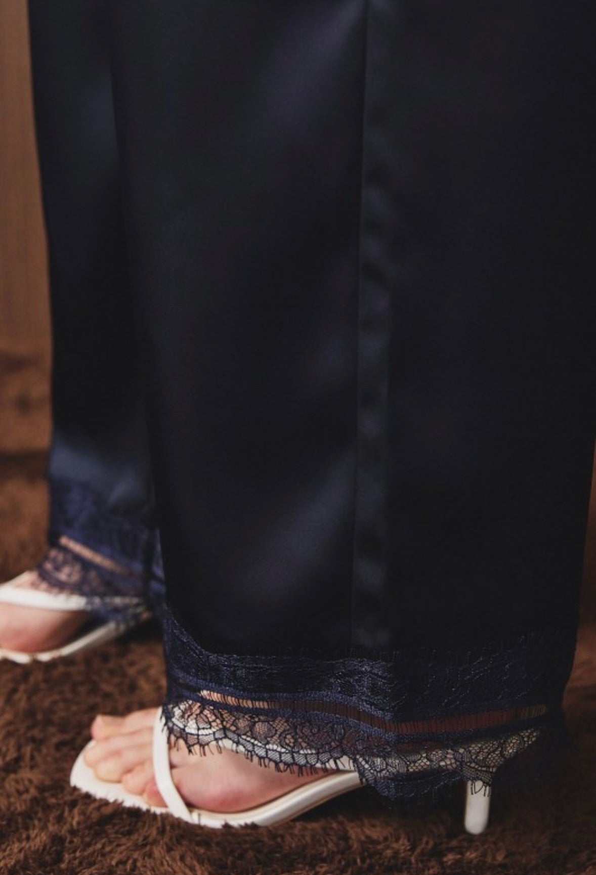Navy Satin & Lace Wide Leg Pants