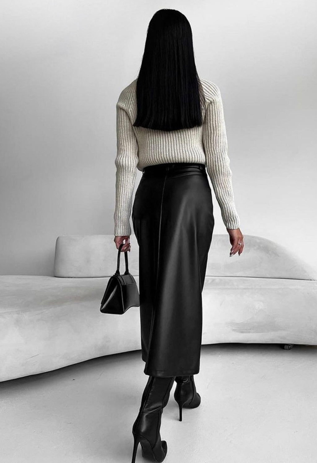 Black Vegan Leather Slit Skirt