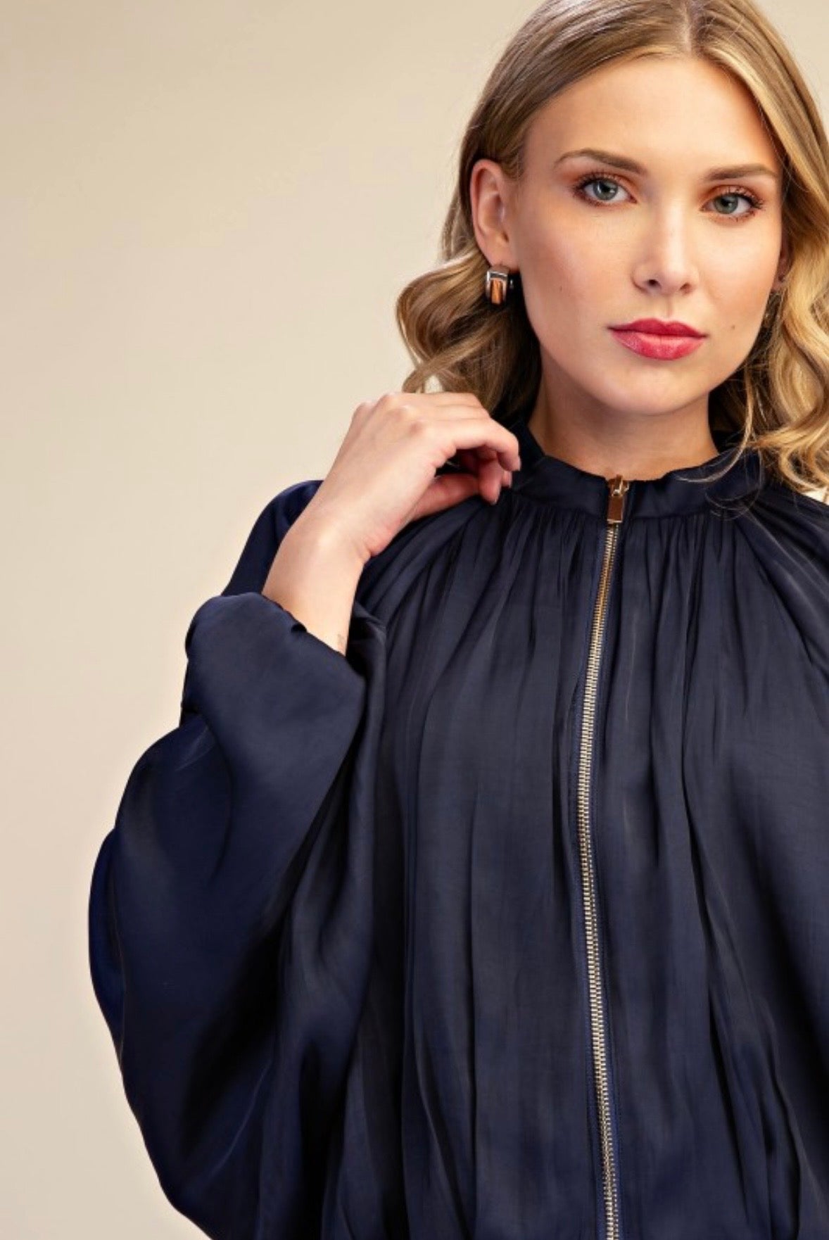 Navy Satin Balloon Bomber Jacket