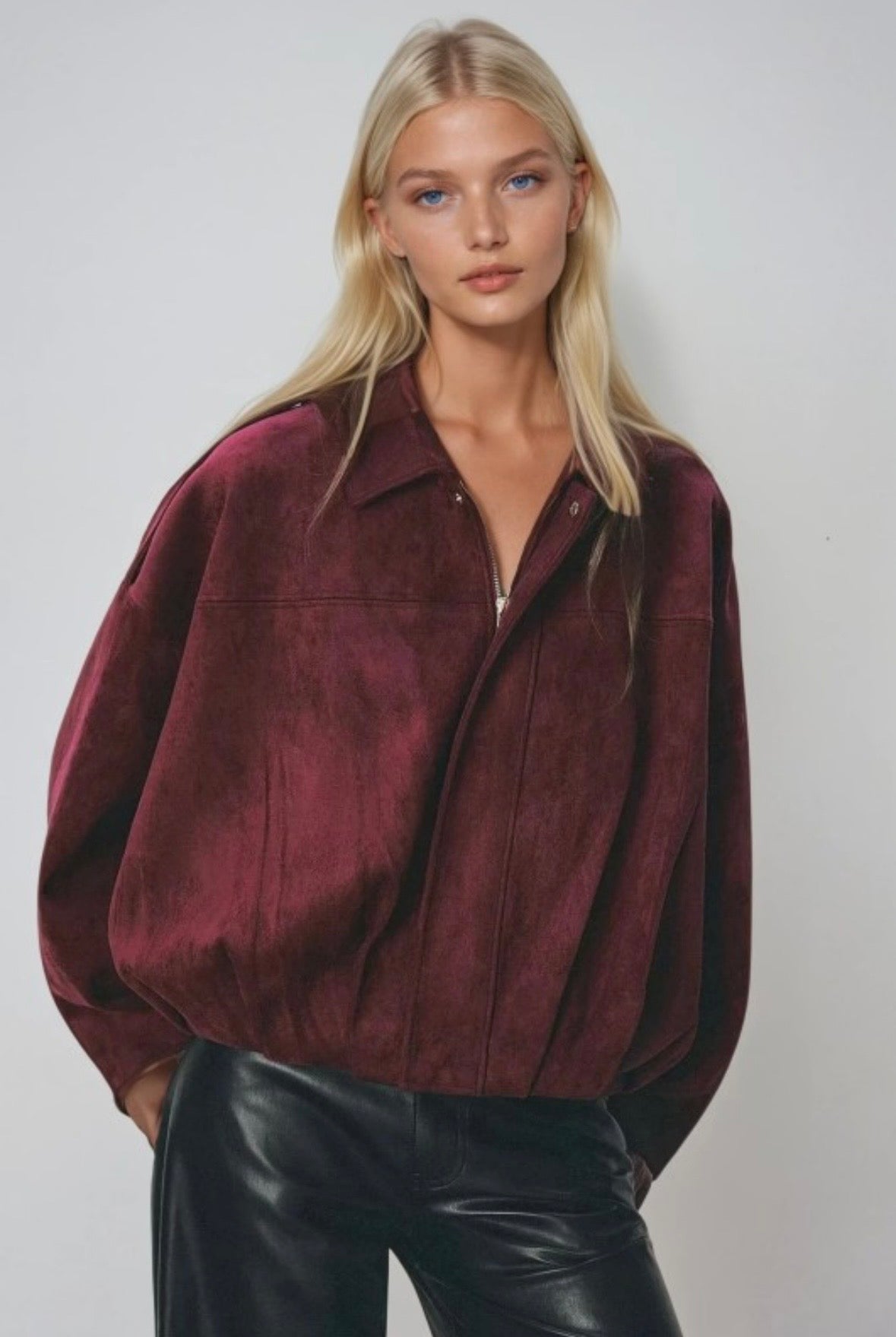 Wine Suede Balloon Bomber Jacket