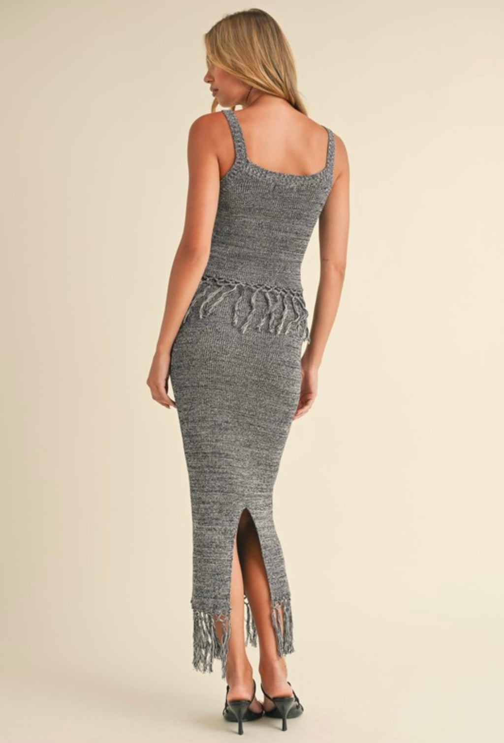 Grey Crochet Tassel Skirt Set