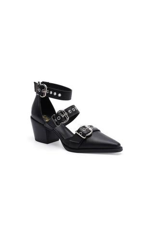 Black Tessa Buckle Heel Mule