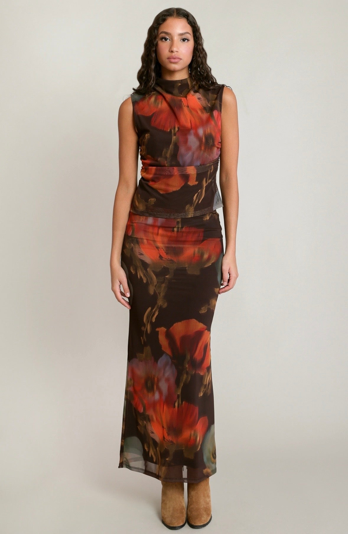 Brown Floral Mesh Skirt