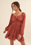 Rust Split Neck Satin Dress
