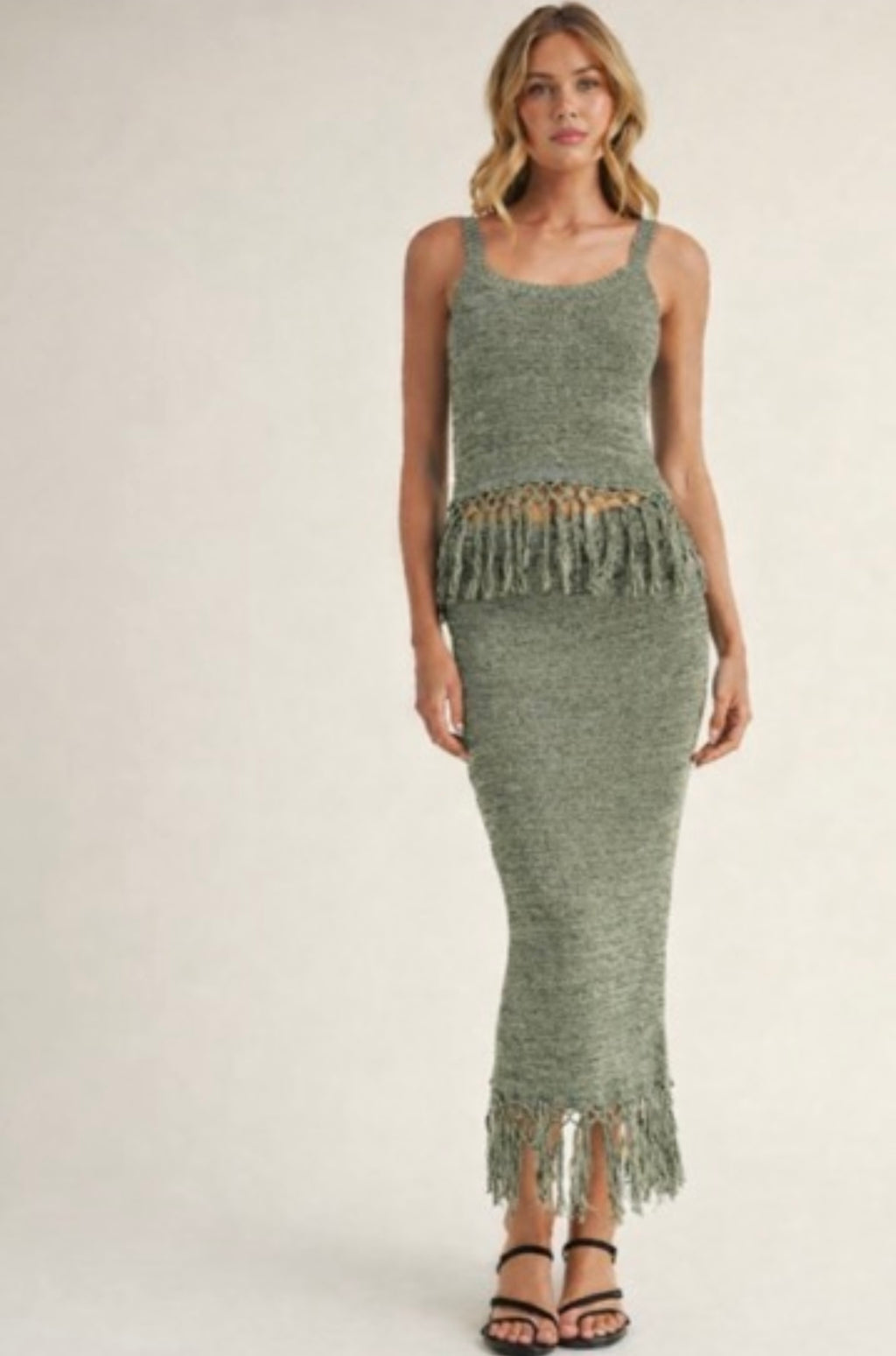 Olive Crochet Tassel Skirt Set