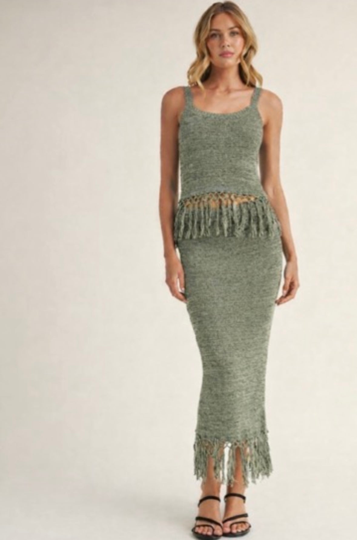 Olive Crochet Tassel Skirt Set