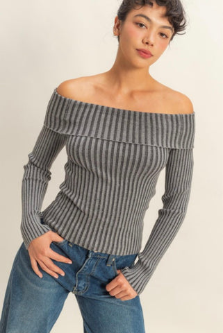 Grey Off The Shoulder Ribbed Top