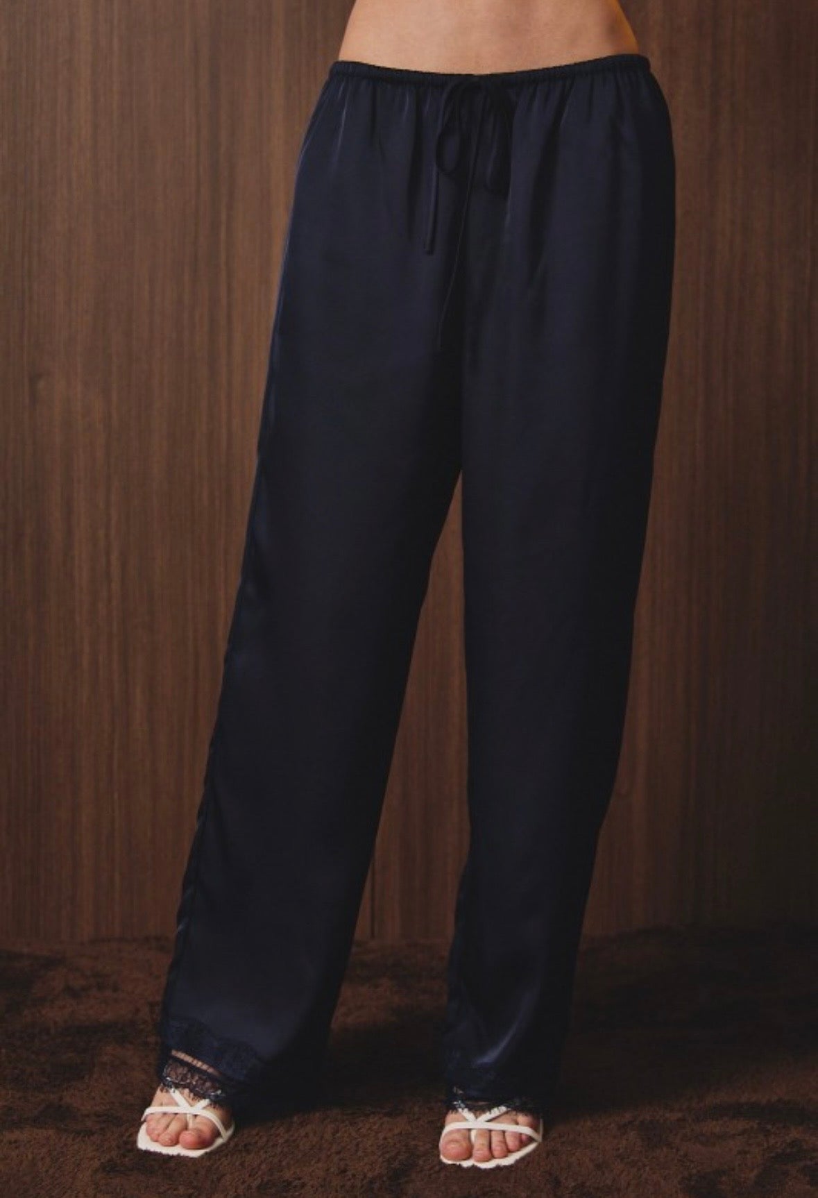 Navy Satin & Lace Wide Leg Pants