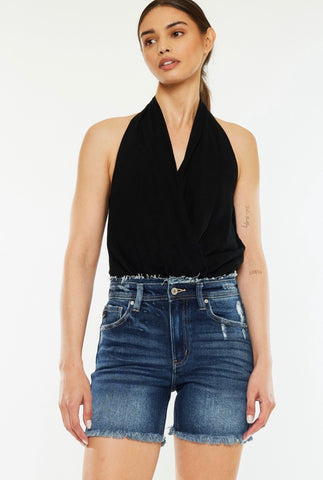 Darkwash Denim Distressed Bermuda Shorts