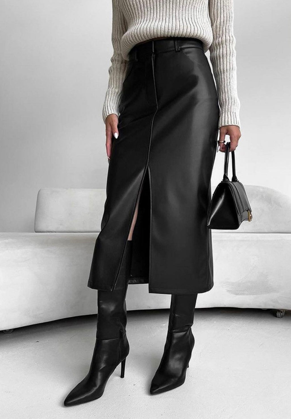 Black Vegan Leather Slit Skirt