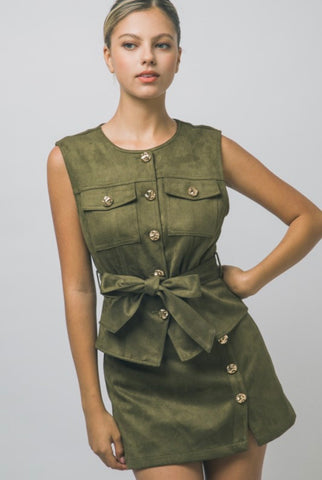 Olive Suede Belted Vest