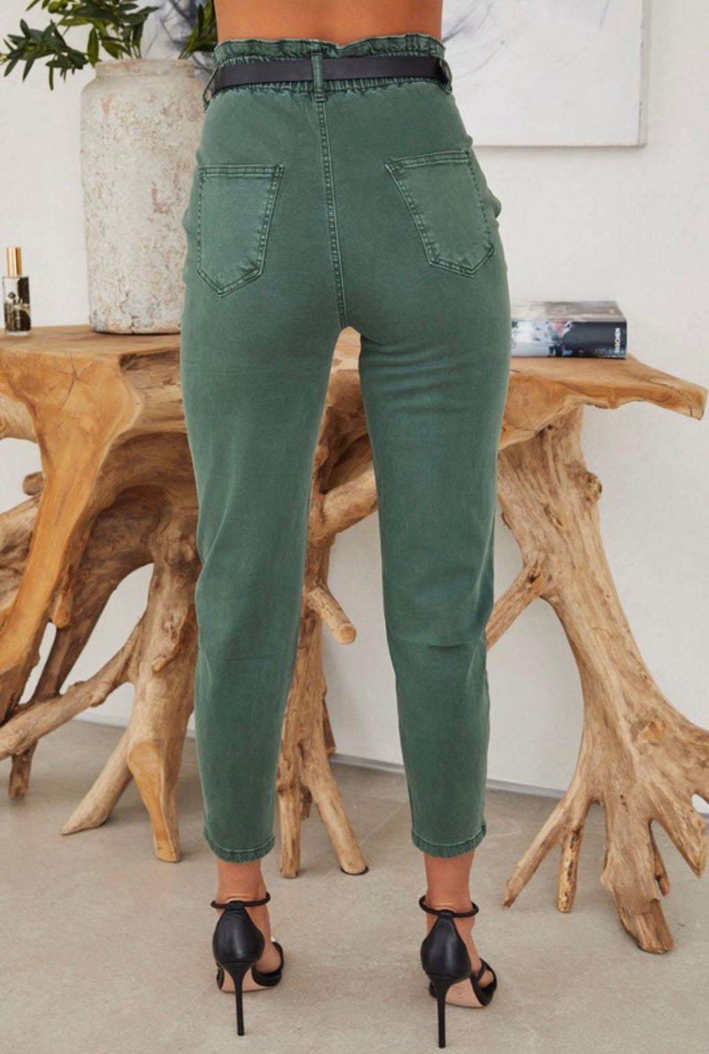 Army Green Paperbag Belted Jeans