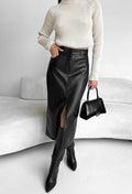 Black Vegan Leather Slit Skirt