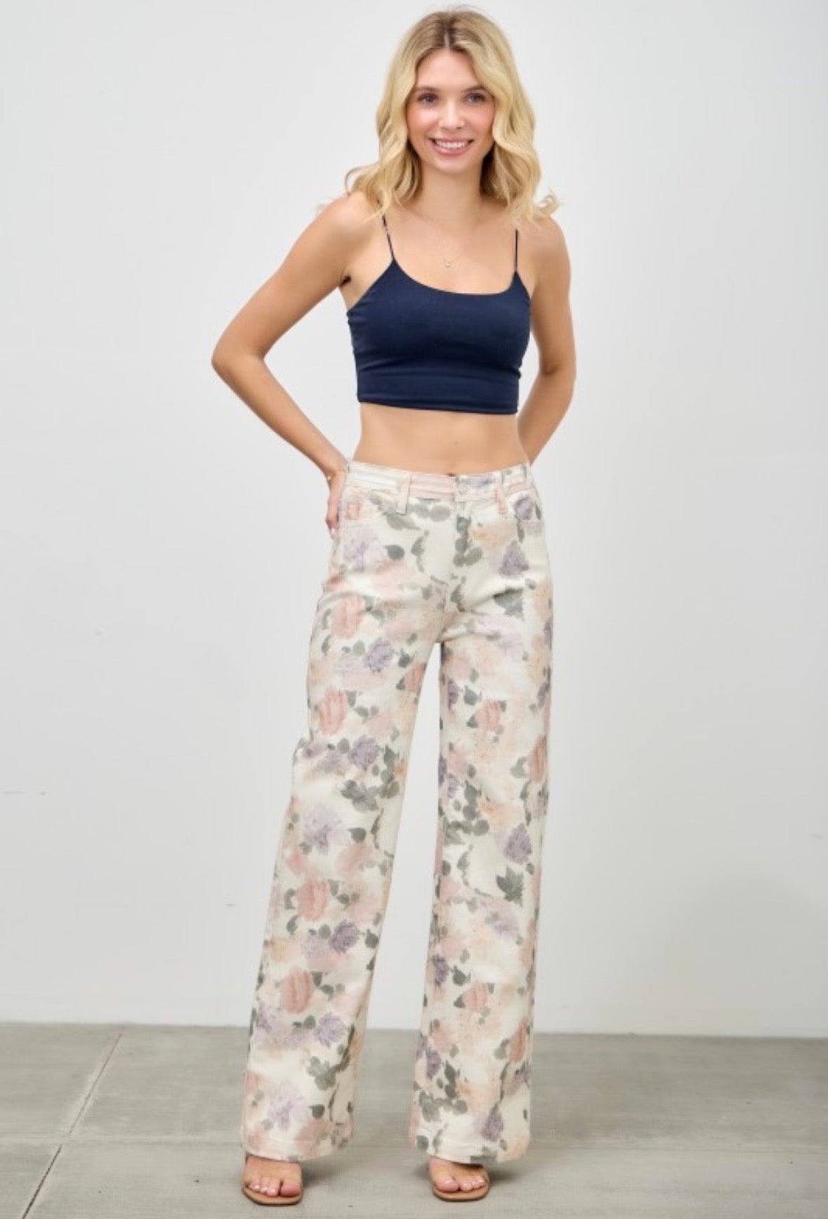 Cream Floral Wide Leg Jeans