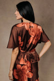 Brown Floral Satin Tie Blouse