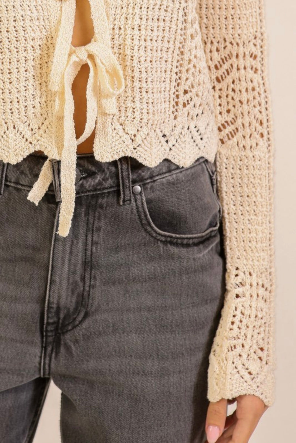 Cream Crochet Tie Cardigan