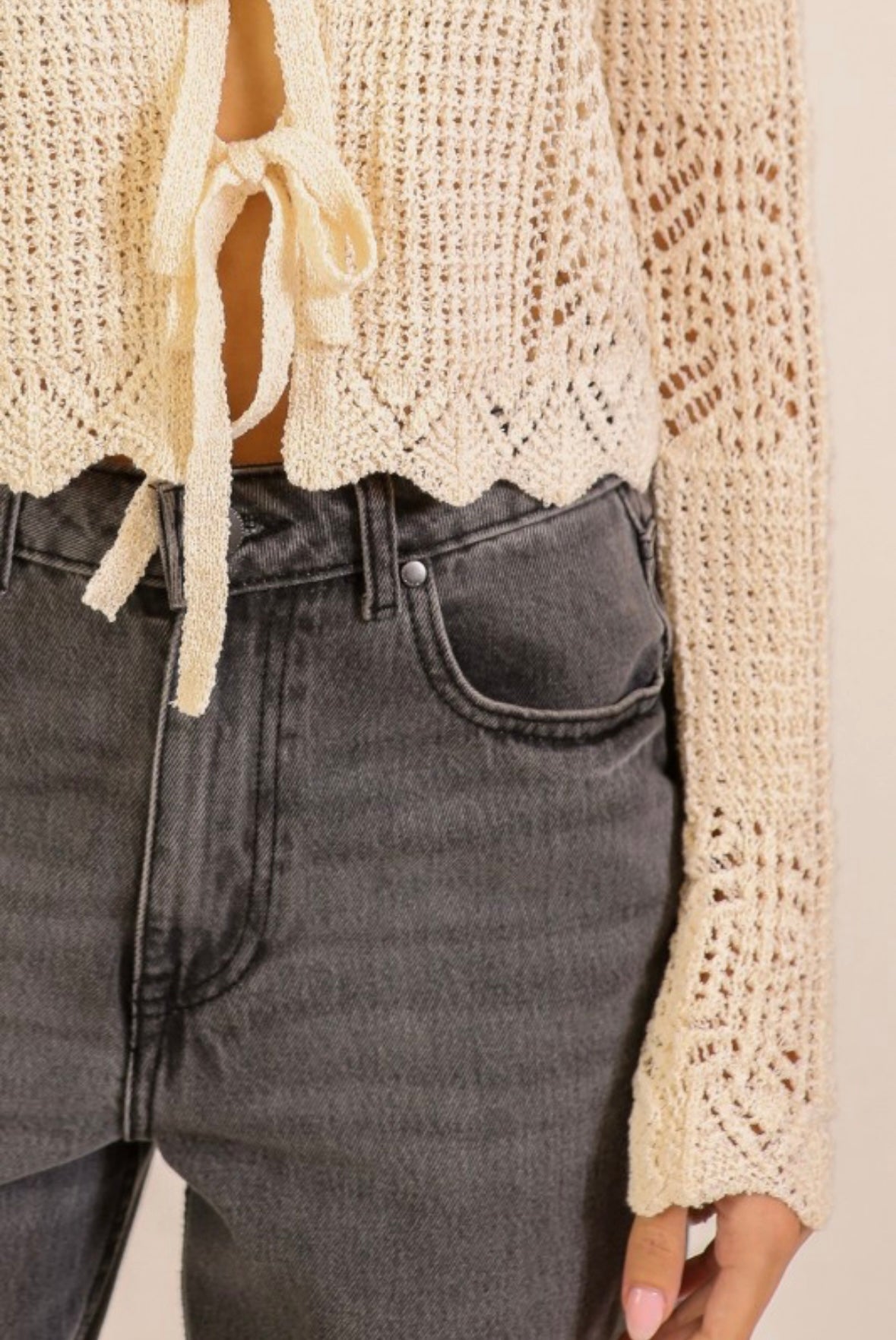 Cream Crochet Tie Cardigan