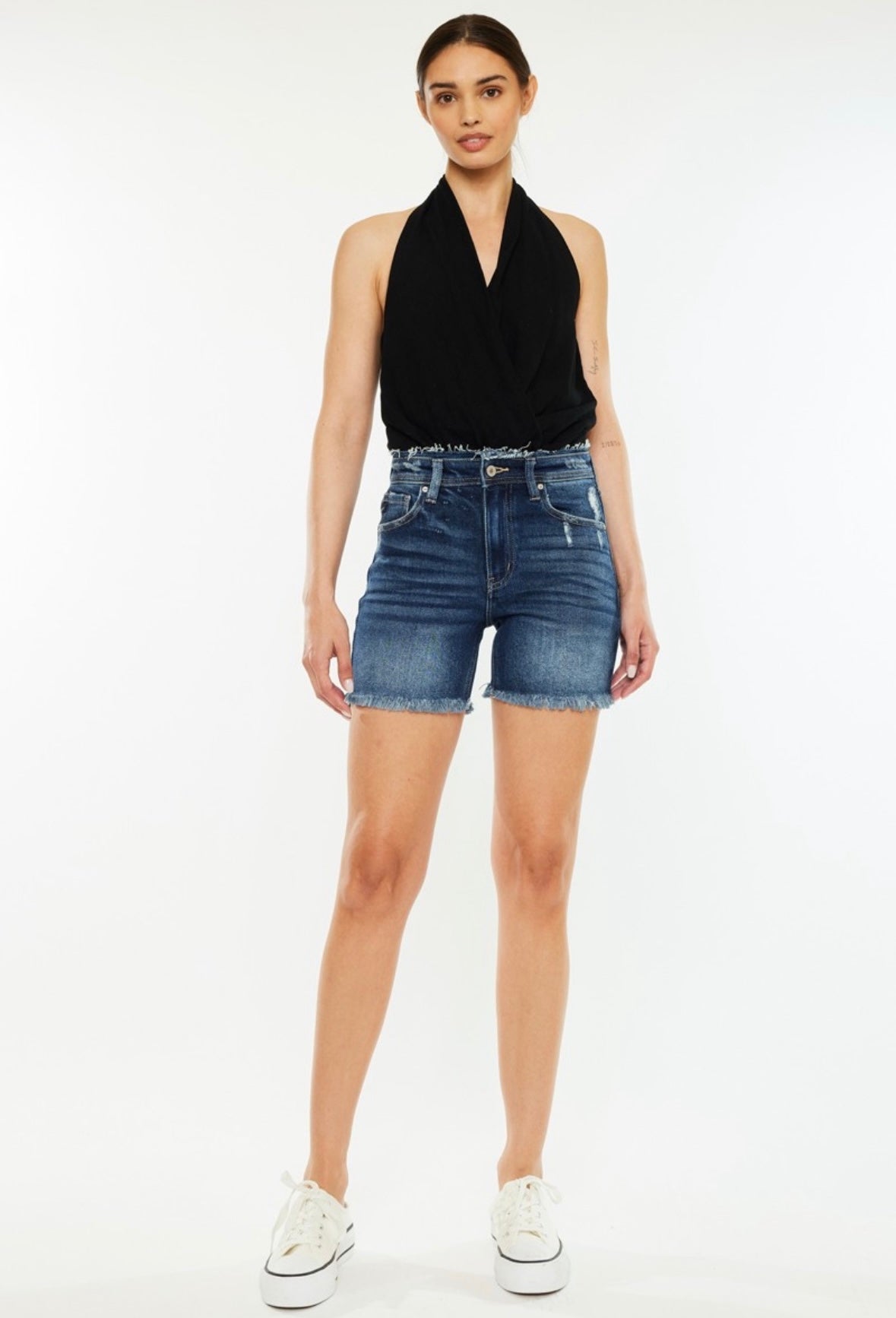 Darkwash Denim Distressed Bermuda Shorts