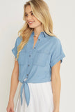 Denim Short Sleeve Button Down Tie Top