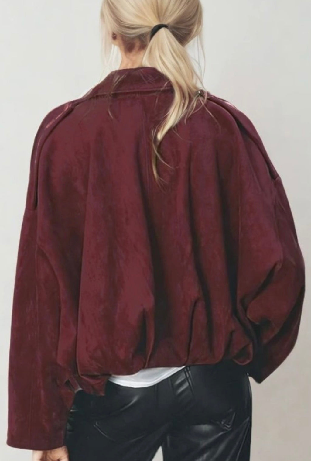 Wine Suede Balloon Bomber Jacket