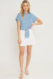 Denim Short Sleeve Button Down Tie Top