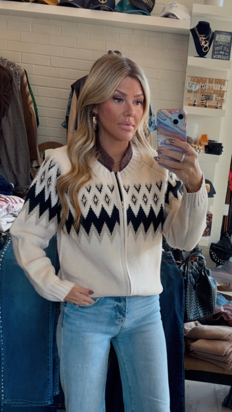 Ivory Argyle Zip Cardigan