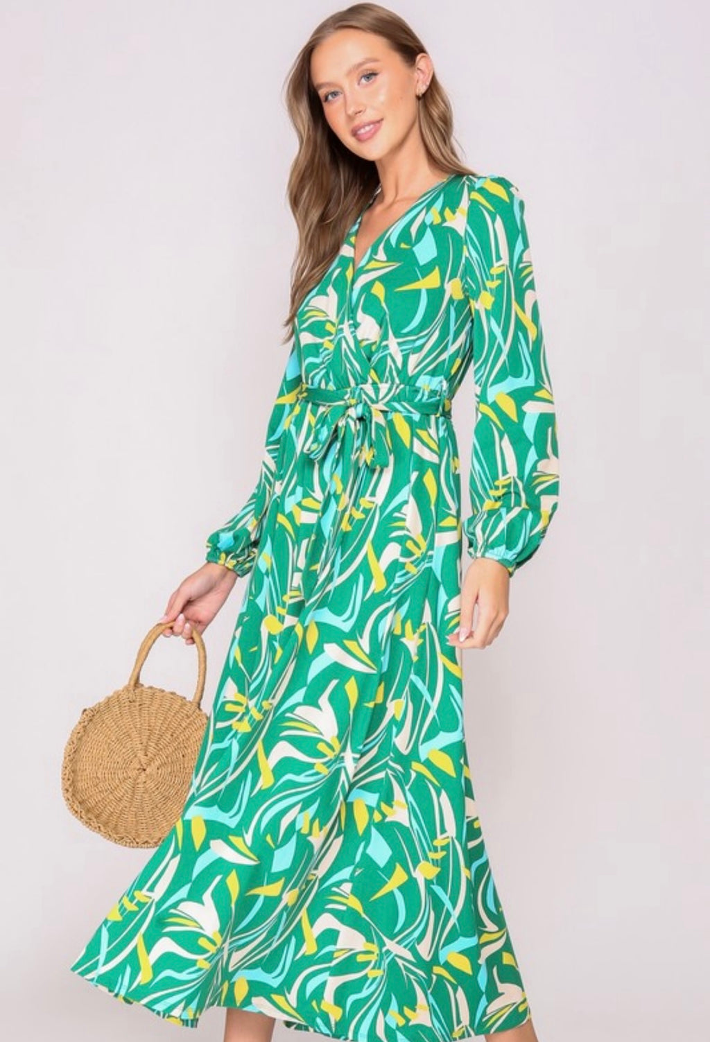 Green Print Wrap Dress