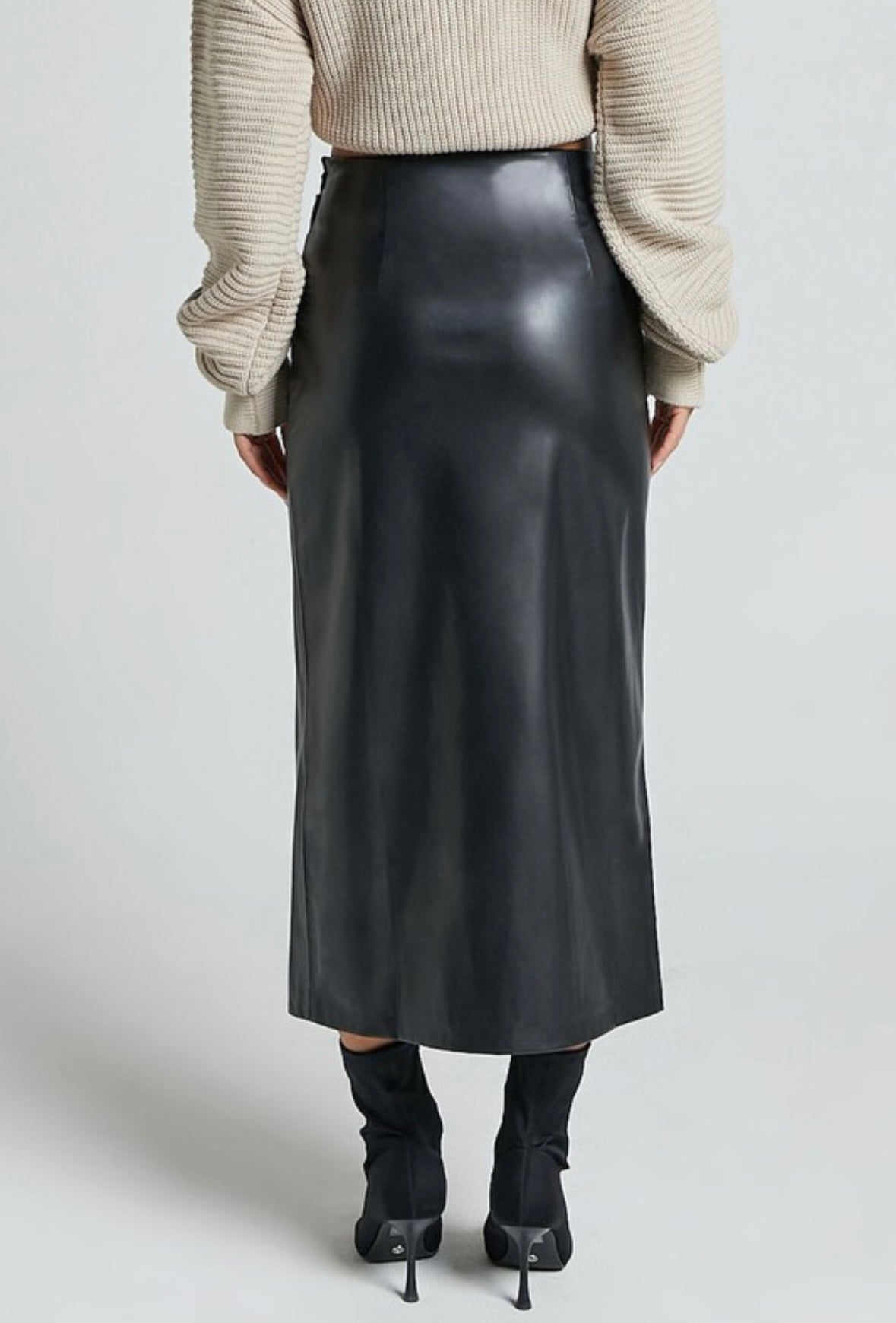 Black Vegan Leather Midi Skirt