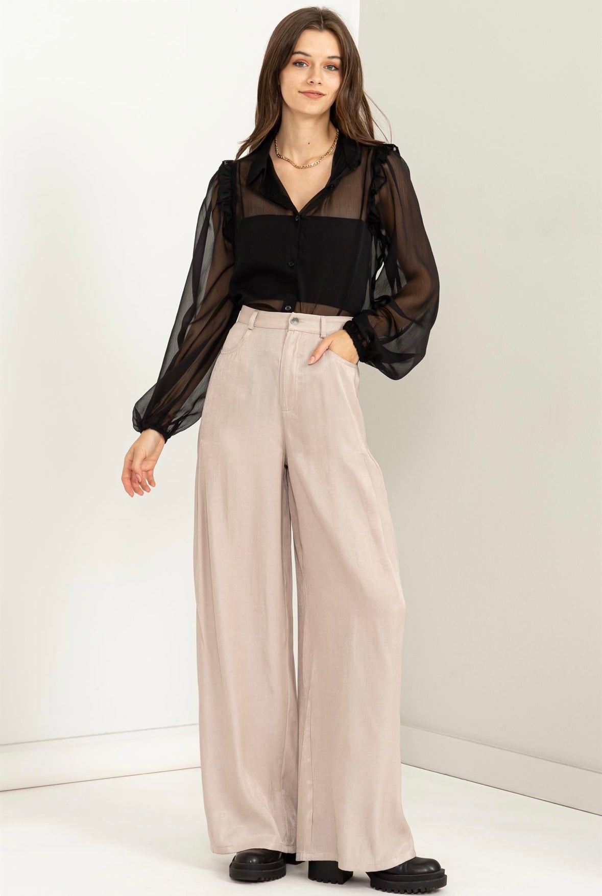 Black Sheer Ruffle Button Down
