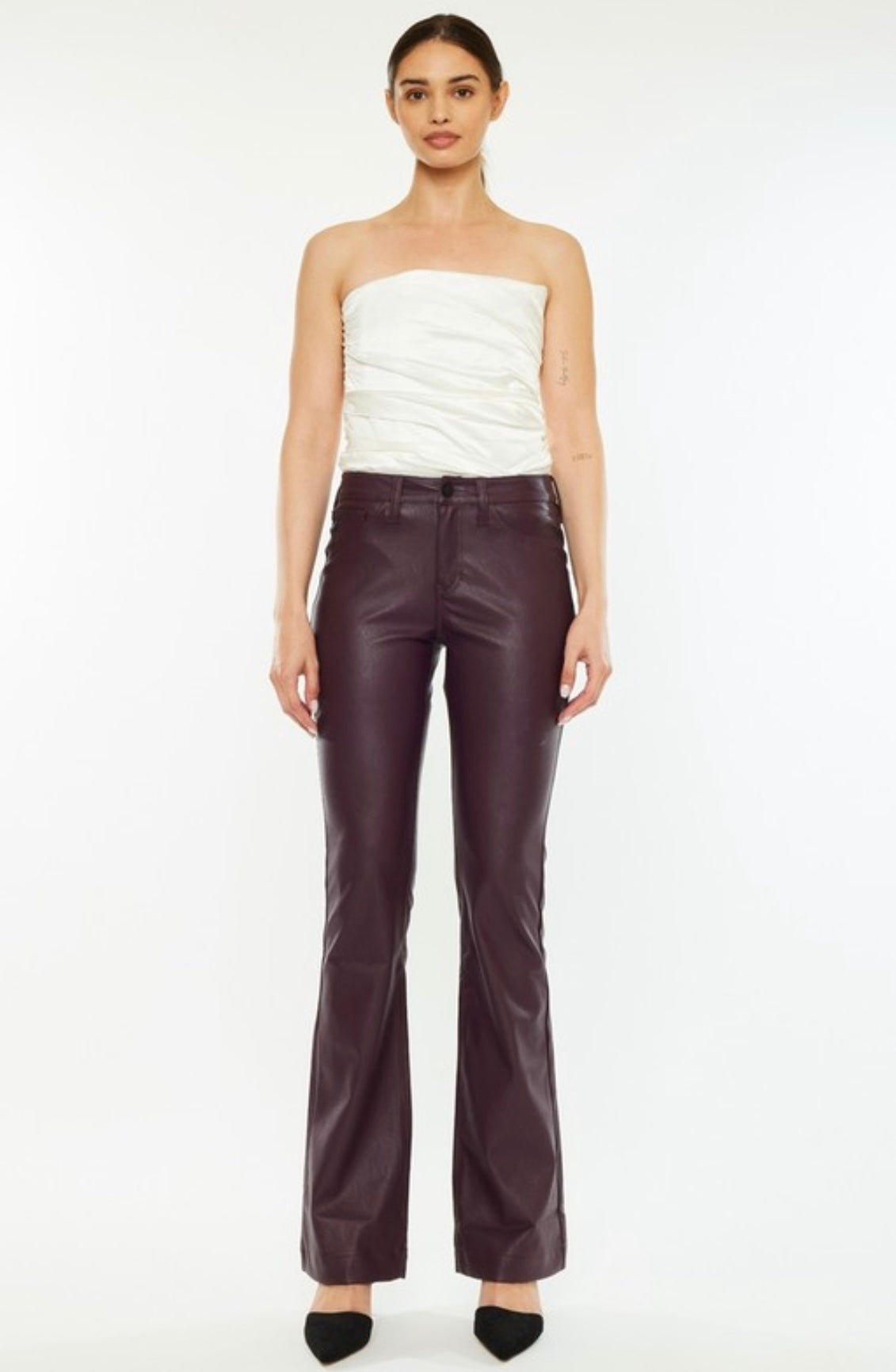Wine Vegan Leather Flare Pants