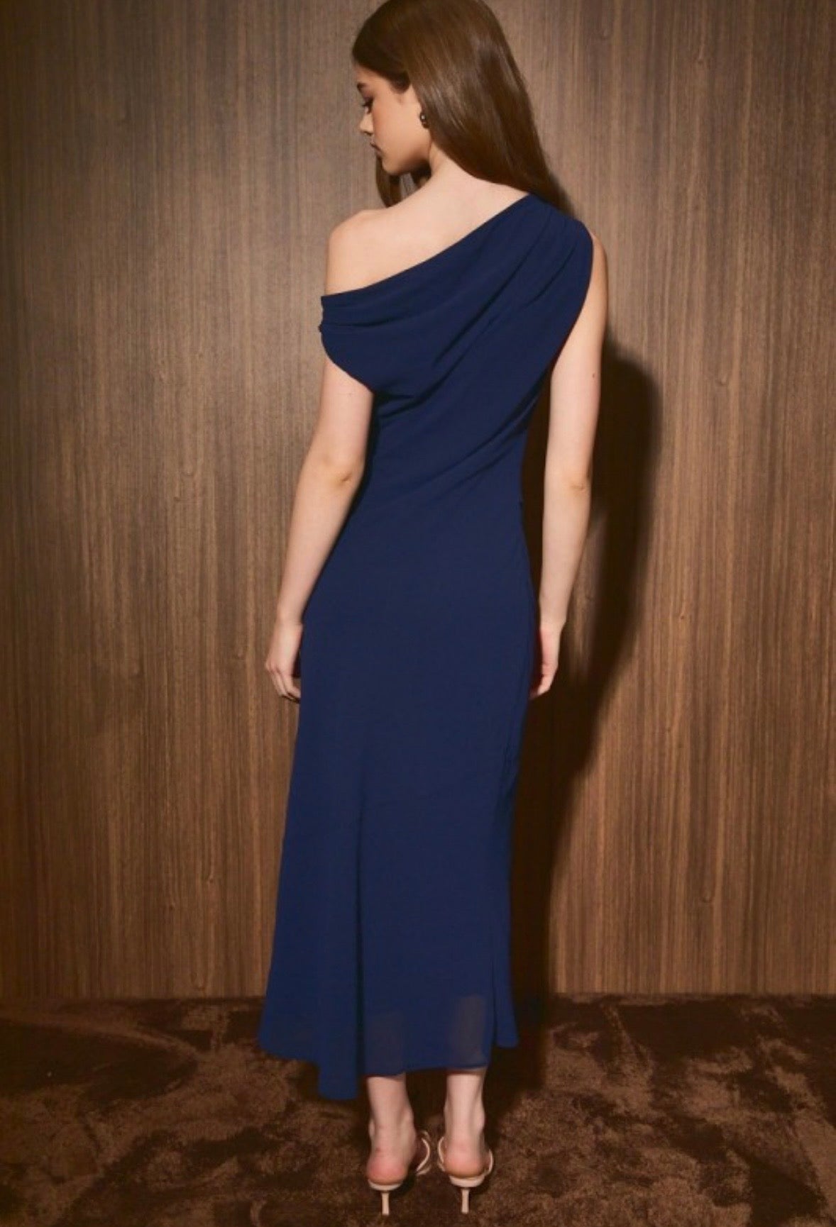 Navy Asymmetric Shoulder Dress