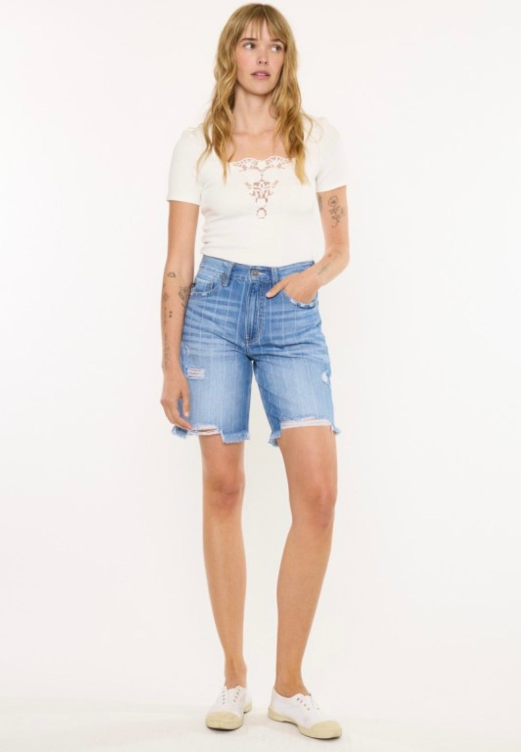 Denim Pinstripe Bermuda Shorts