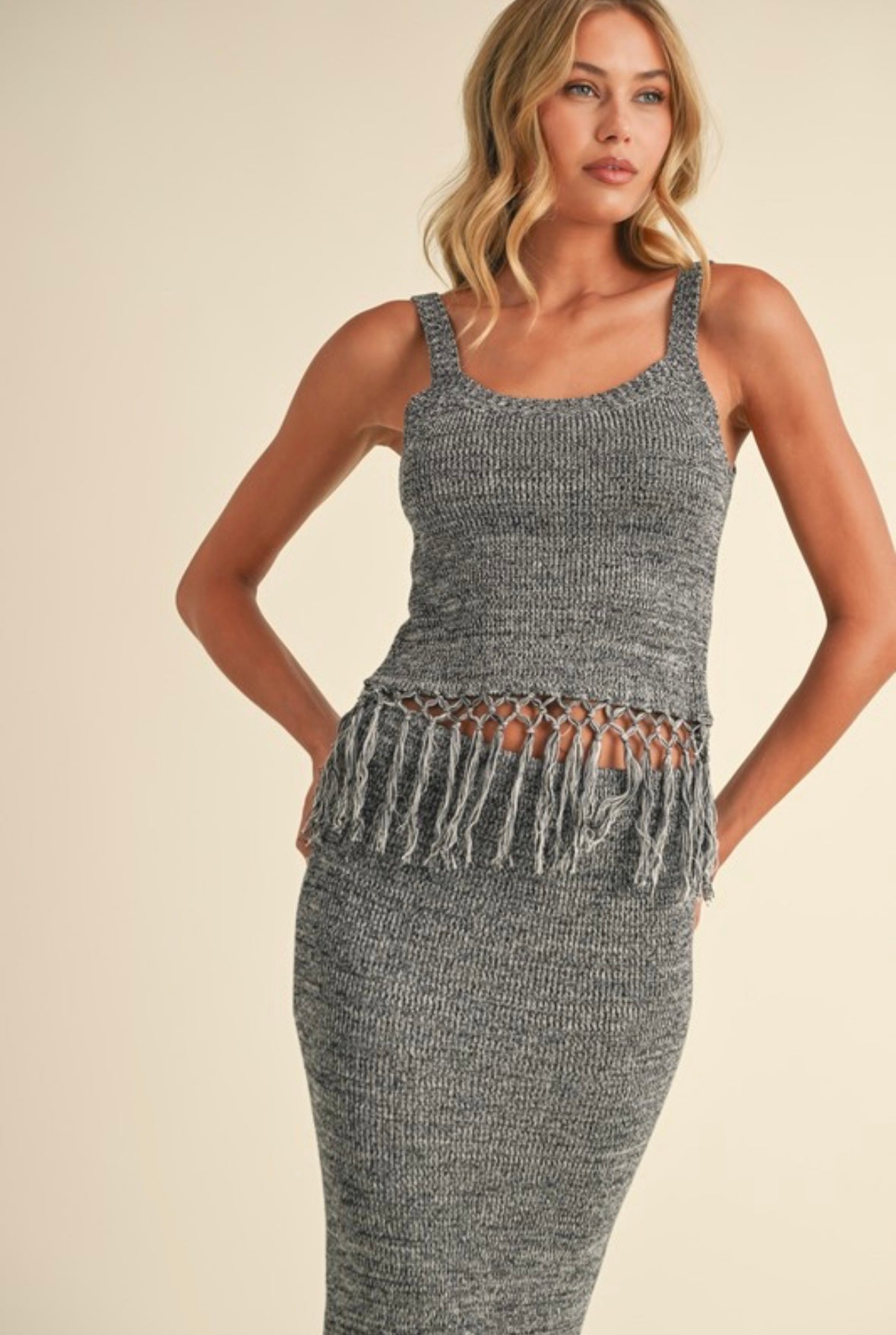 Grey Crochet Tassel Skirt Set