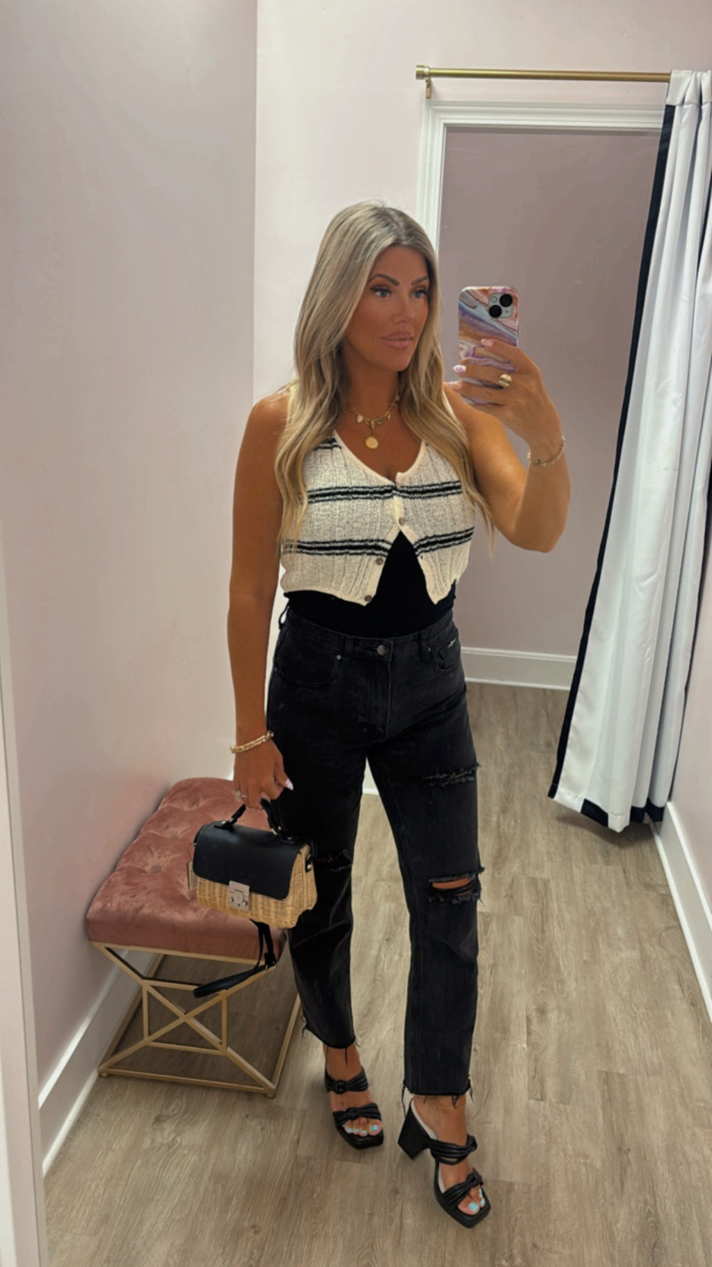 Cream Stripe Crop Vest