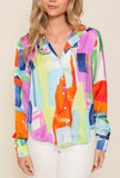 Multicolor Print Satin Button Down