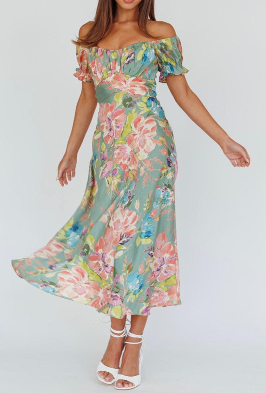 Sage Floral Off The Shoulder Dress