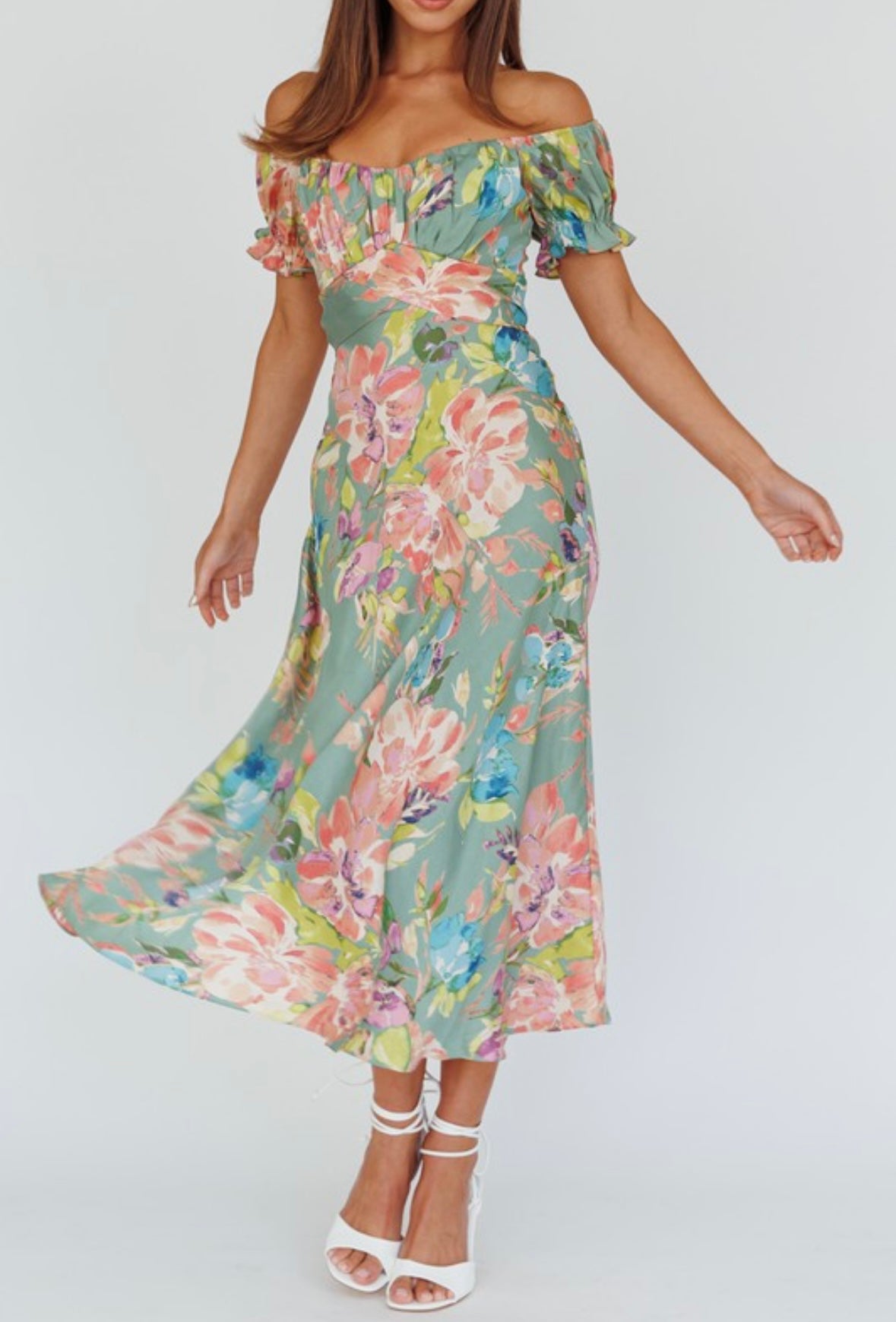 Sage Floral Off The Shoulder Dress
