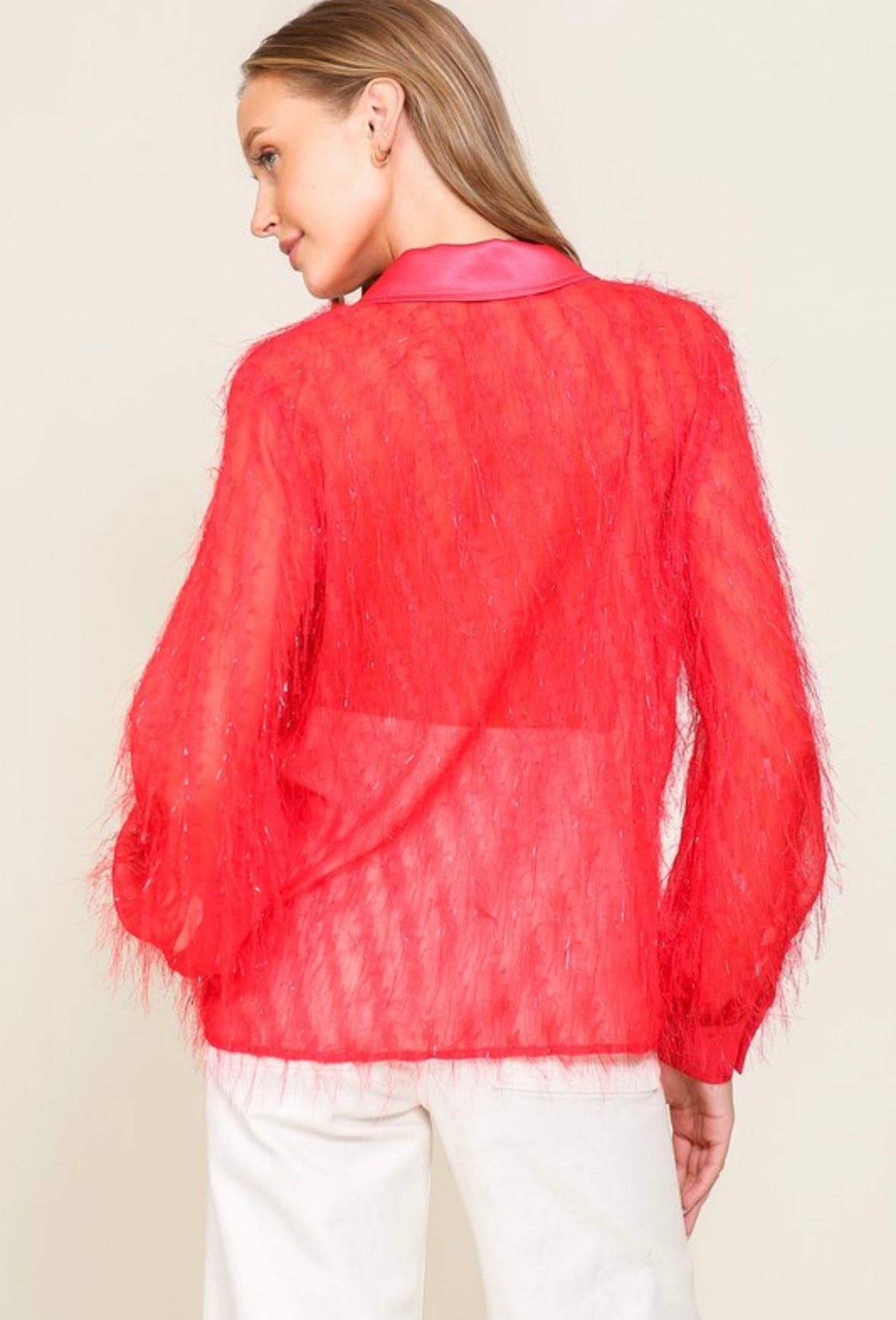 Red Fringe Glitter Button Down