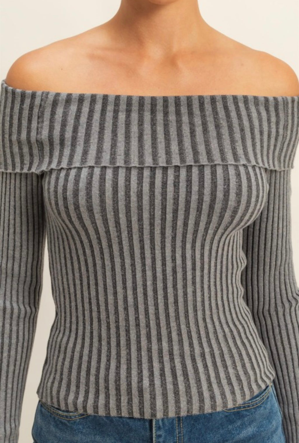 Grey Off The Shoulder Ribbed Top