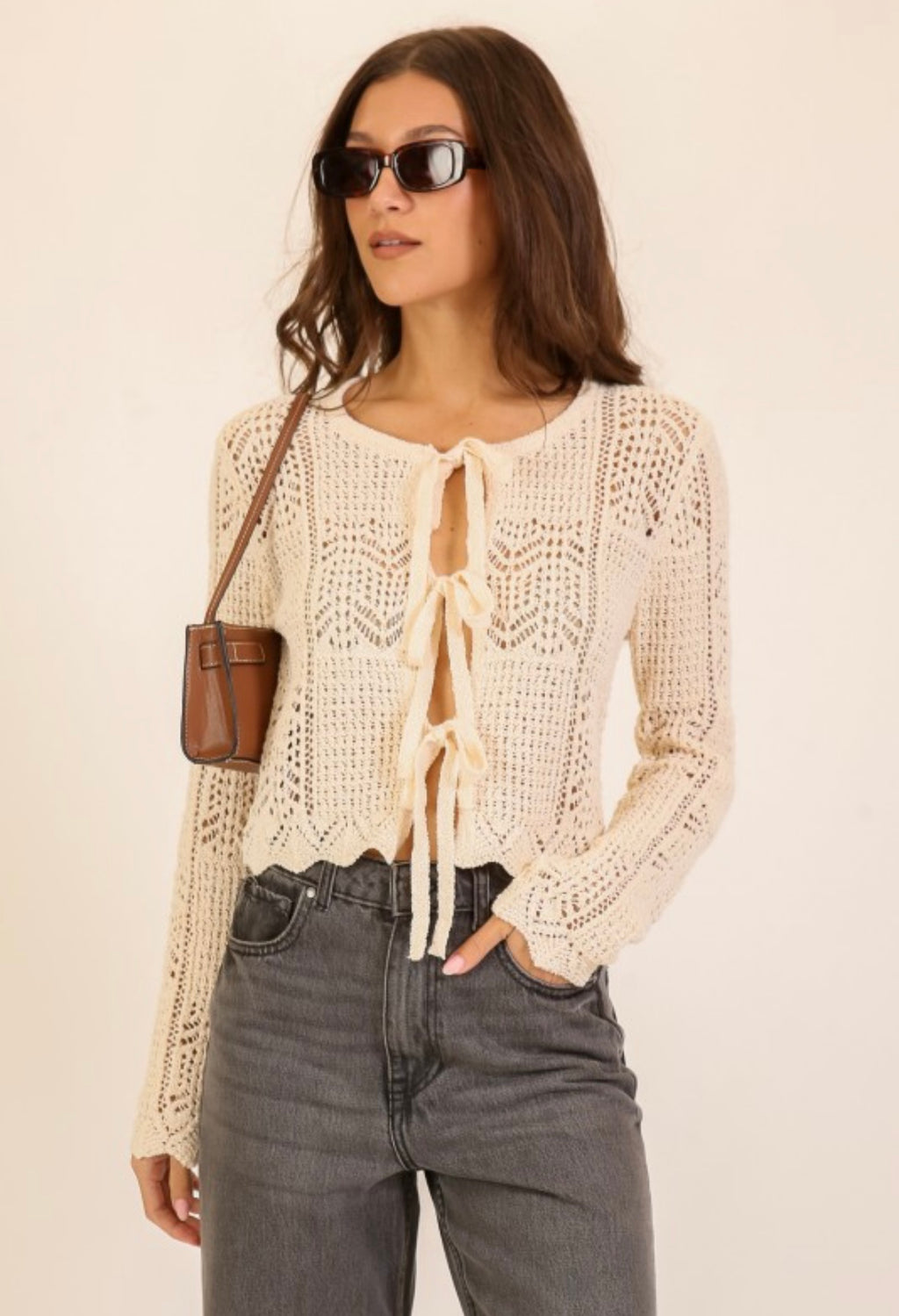 Cream Crochet Tie Cardigan