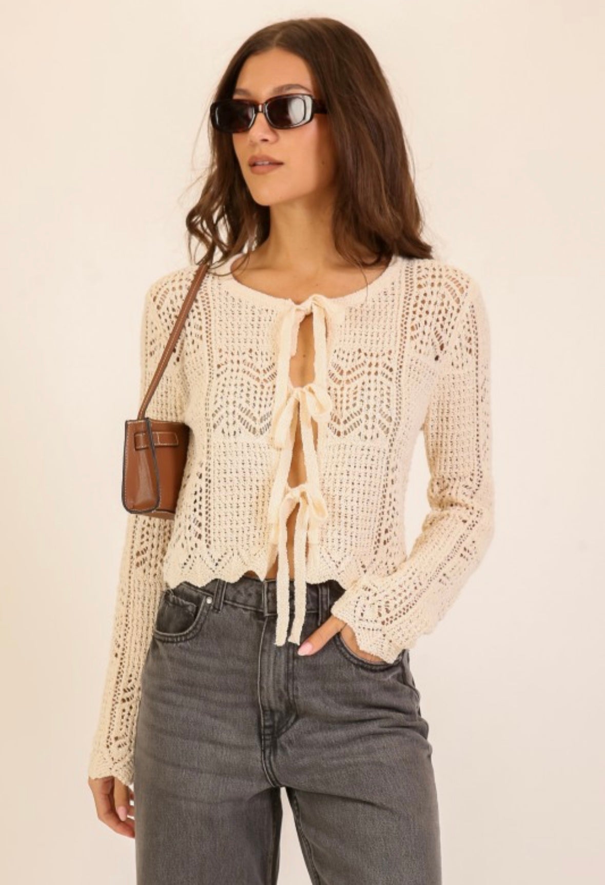Cream Crochet Tie Cardigan