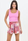 Pink Patchwork Belted Shorts